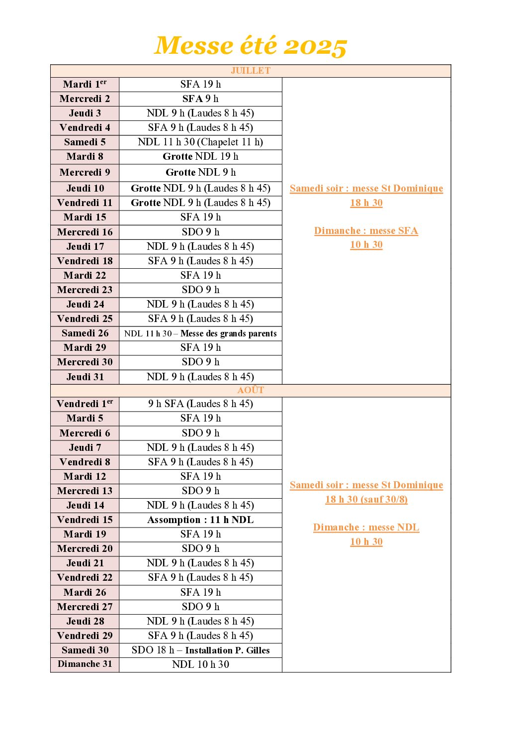 Calendrier de l’été 2025